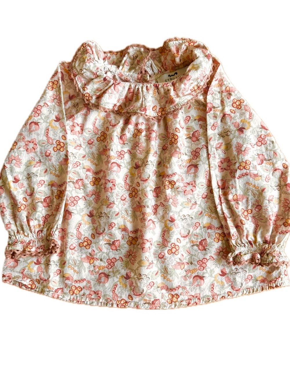 Cyrillus Pink Cream Floral Ruffle Collar Long-Sleeve Top